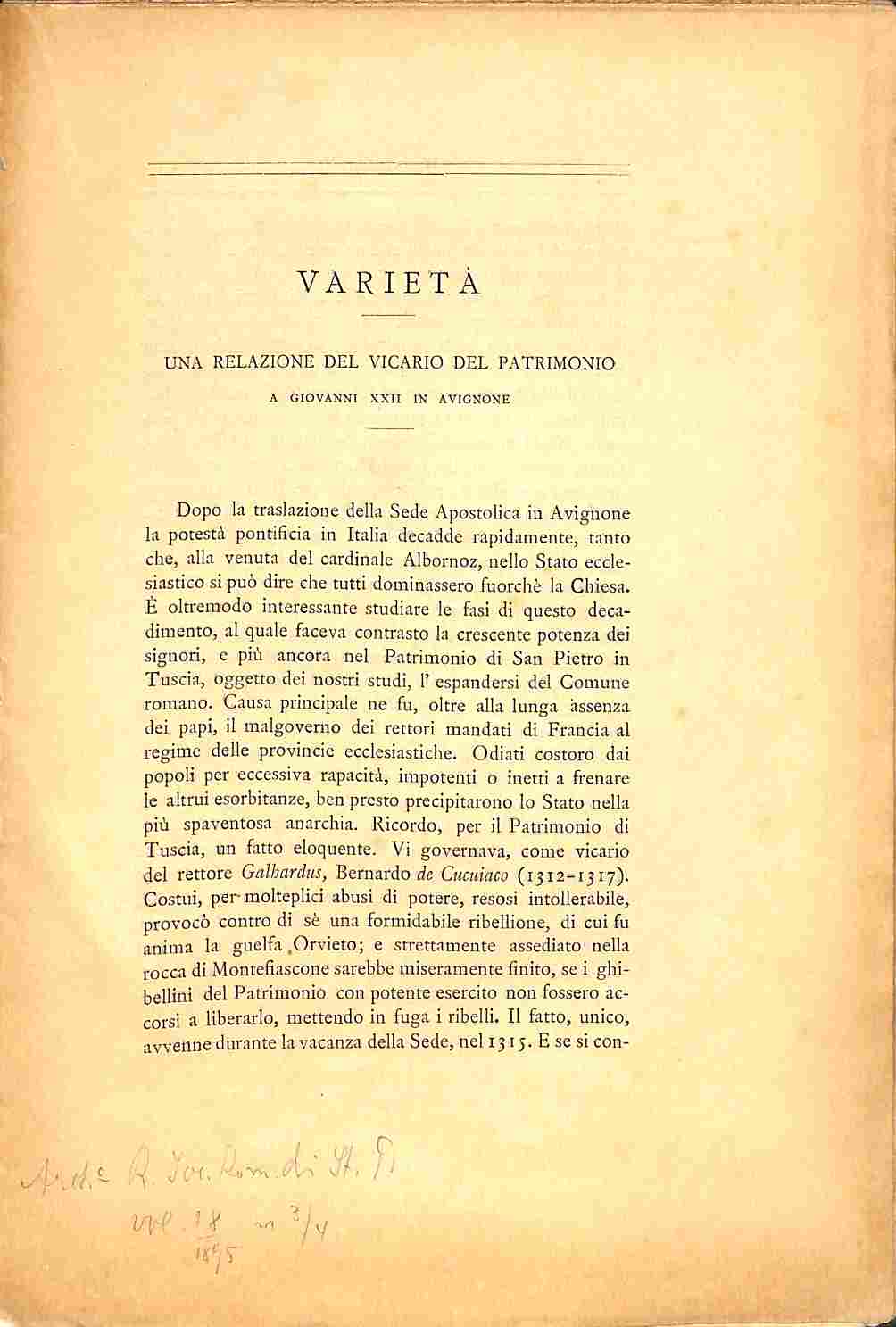 Una relazione del Vicario del patrimonio a Giovanni XXII in Avignone